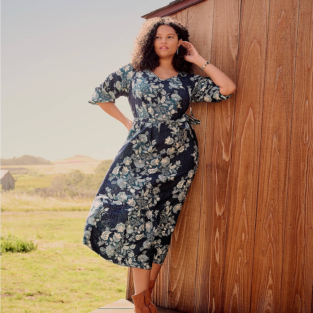 Lane Bryant Bubble-Sleeve Tie-Waist‎ Maxi Dress navy floral size 18 NWT no belt